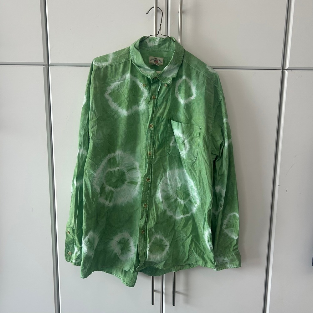 Vintage County Seat Green Tie Dye Cotton Button Down Shirt Mens XL Long Sleeve